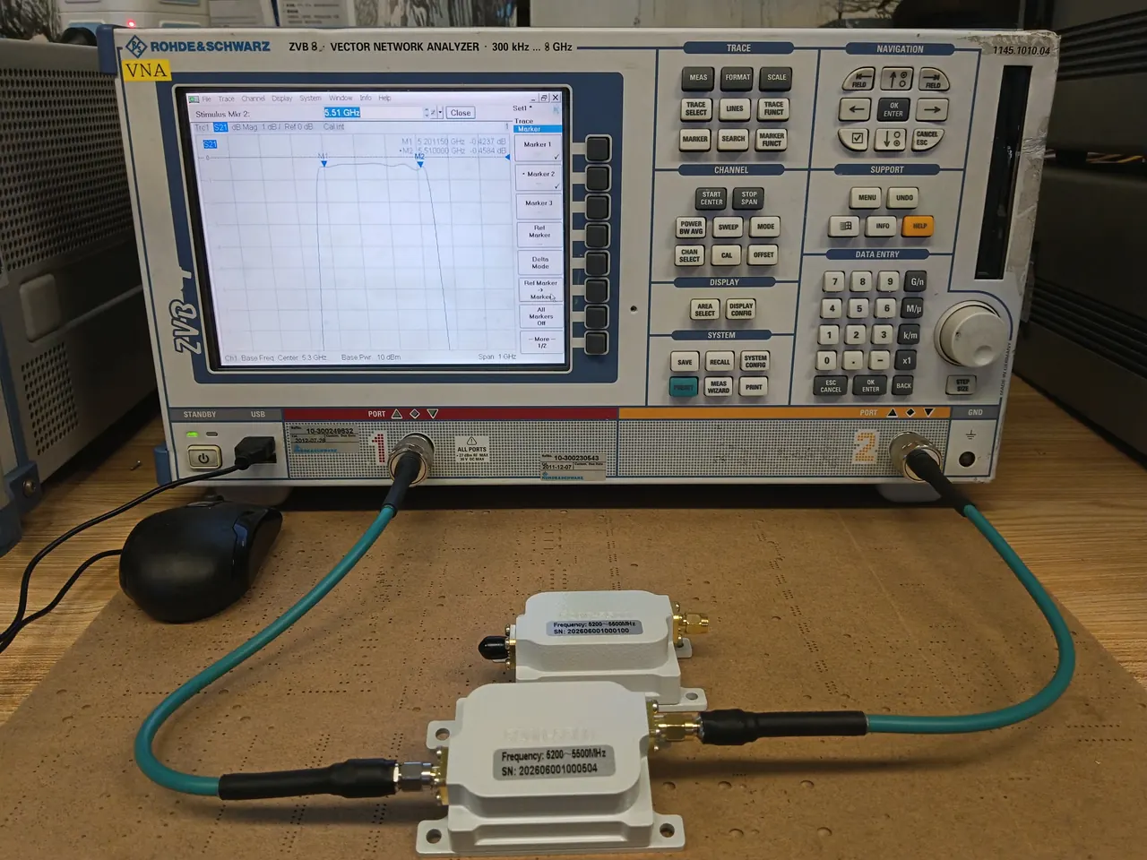 Cavity filter under test on a Rohde & Schwarz ZVB8 vector network analyzer